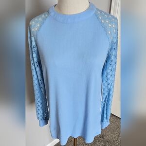 Women's Light Blue Long-Sleeve Lace-Insert Tee